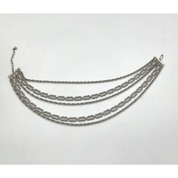 Crown Trifari Silvertone 5 Strand Wheat & Rope Chain Vintage 15in Necklace - Picture 5 of 6